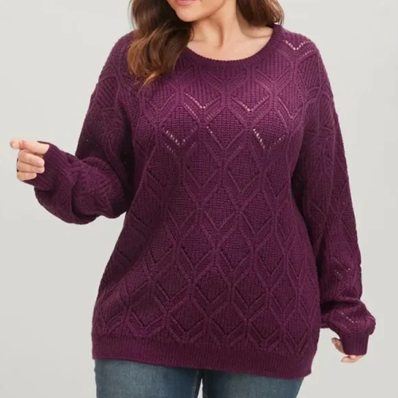 BloomChic Deep Purple Crew Neck Pointelle Sweater Size Large 12 - Picture 1 of 7